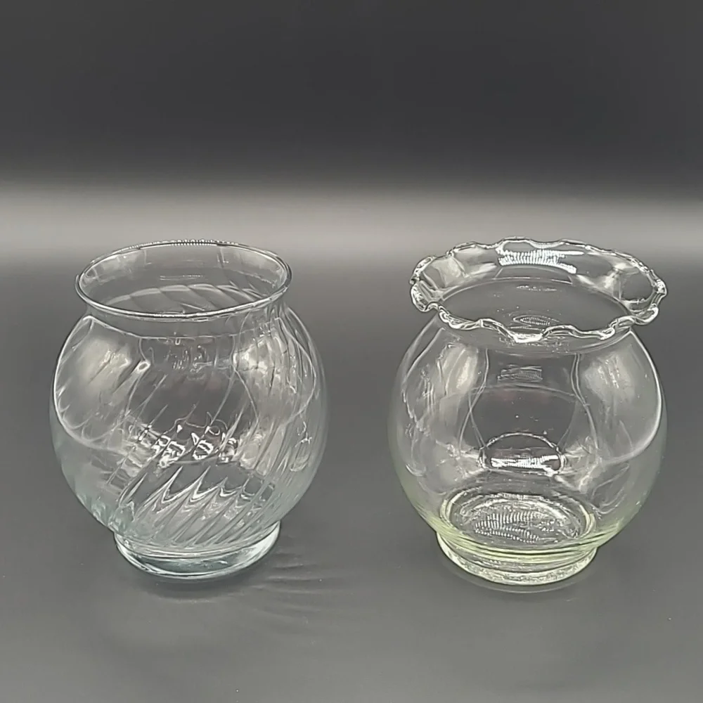Vintage Indiana Clear Glass Ruffle Top & Ribbed Swirl Clear Glass Rose Bowl Vase